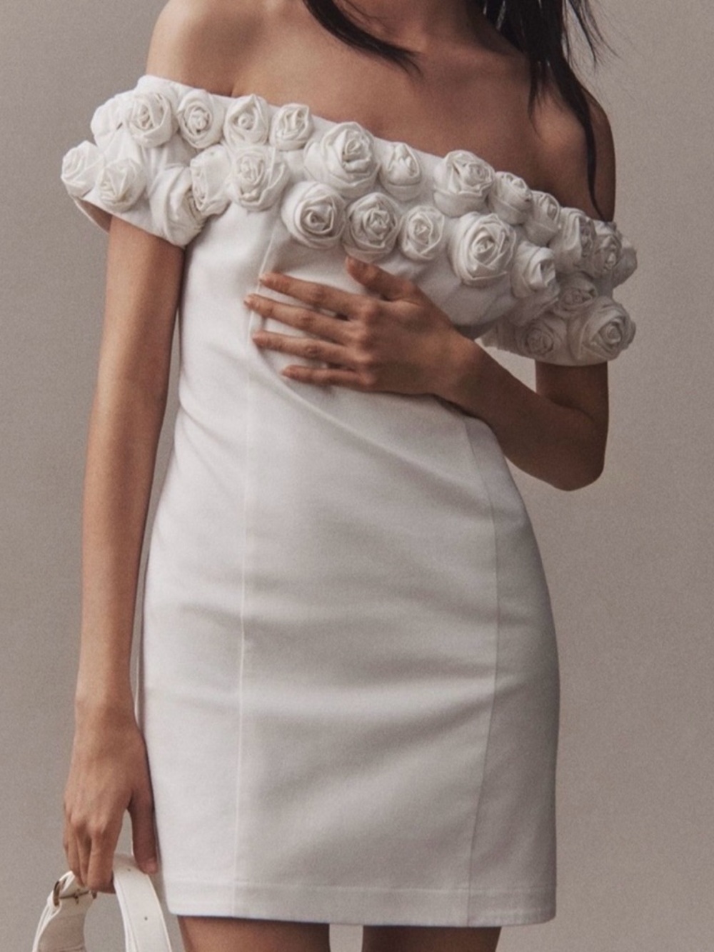 BHLDN Off-Shoulder White Rosette Mini Dress